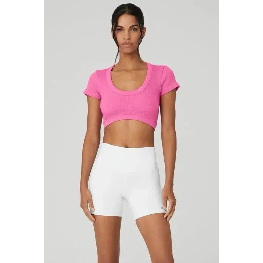 Alo Yoga Seamless Ribbed Serene Short Sleeve Top Size L Pink Cropped Active